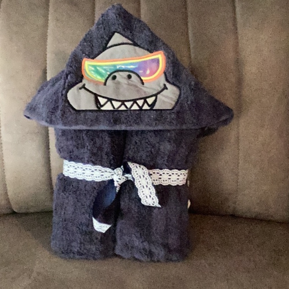 Handmade, embroidered, large shark hooded towel for kids of all ages!